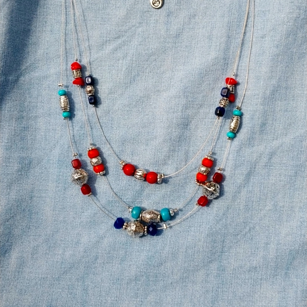 Turquoise, blue, brown and silver beaded wire necklace